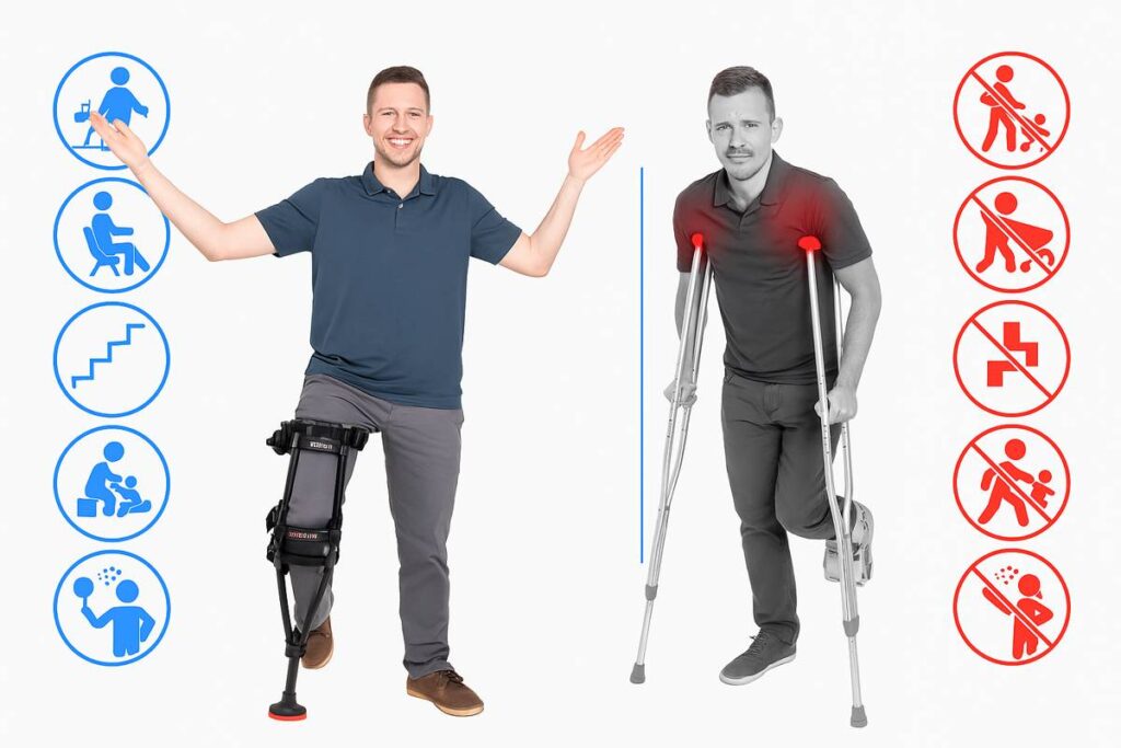 I-Walk ramentas – moderni rankų nenaudojanti vaikščiojimo priemonė, leidžianti išlikti aktyviam ir judėti laisvai po traumos, palyginimas su tradiciniais pažastiniais ramentais
